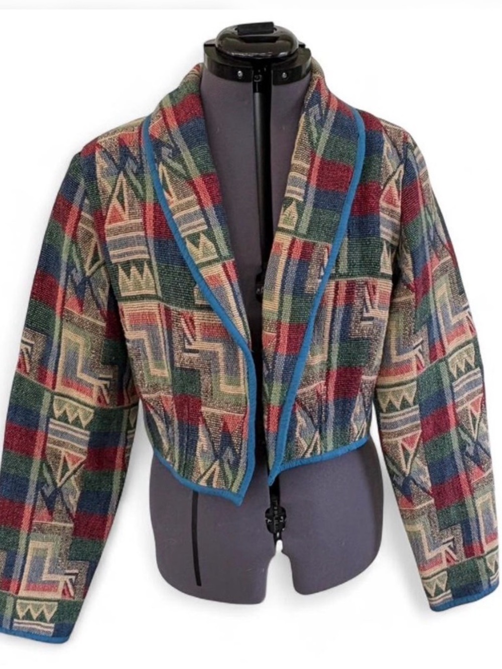 Casual Corner Cropped Geometric Blazer in Red, Green, Blue and Cream VINTAGE